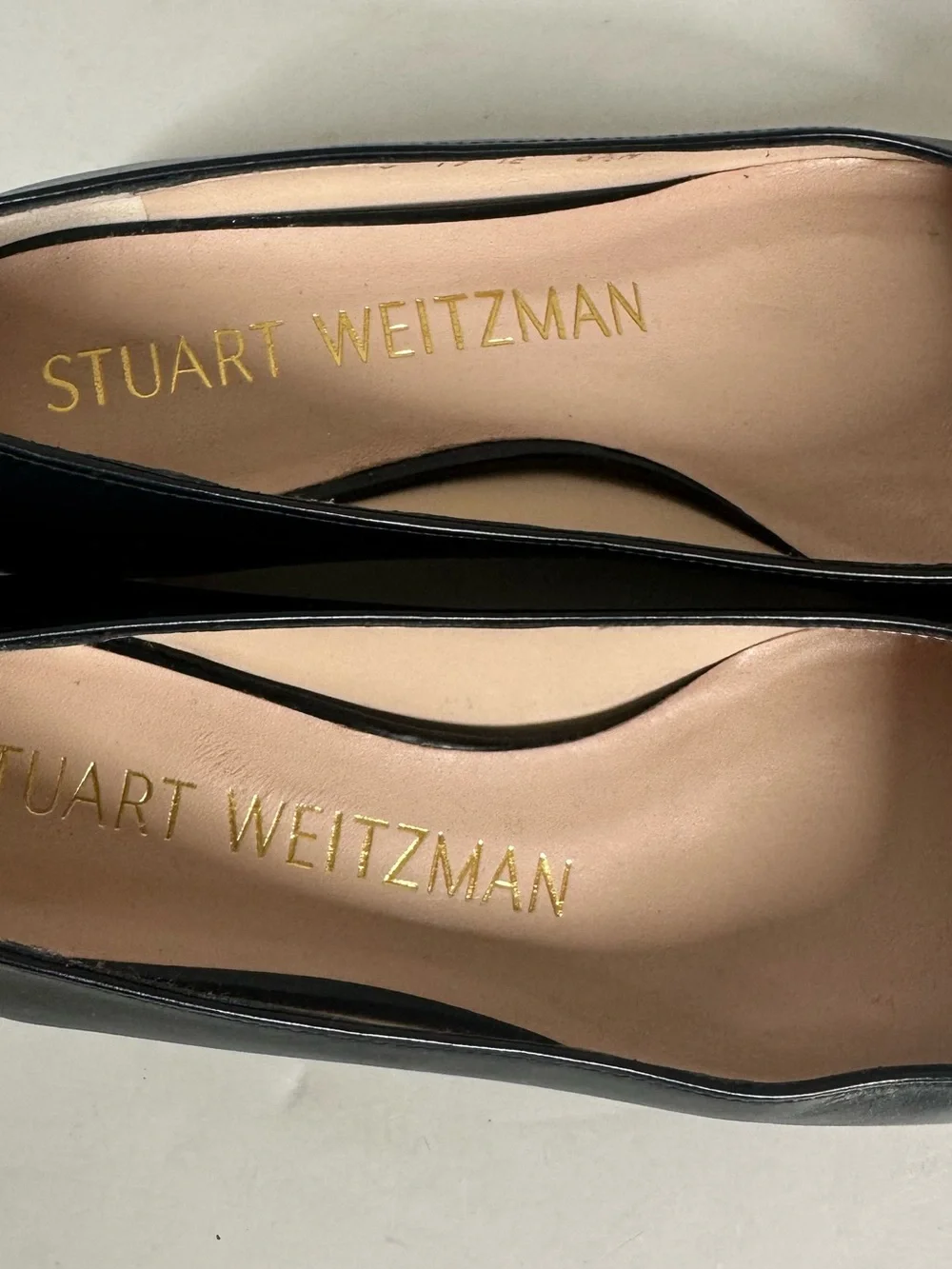 Stuart Weitzman 6.5 Anicia Black Leather Flats with Gold Buckle Accent